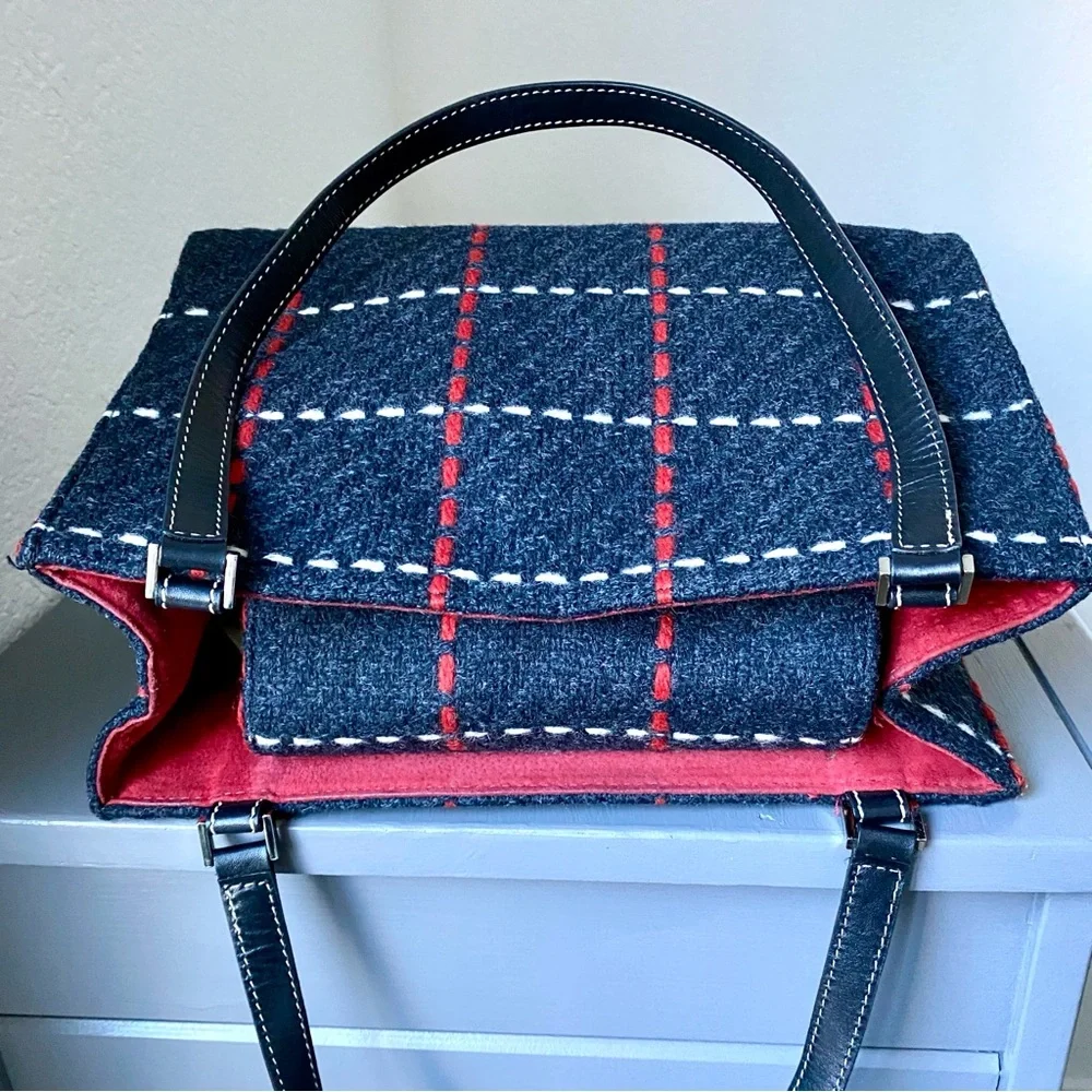 Kate Spade Black Plaid Tote with Red Bow Charm